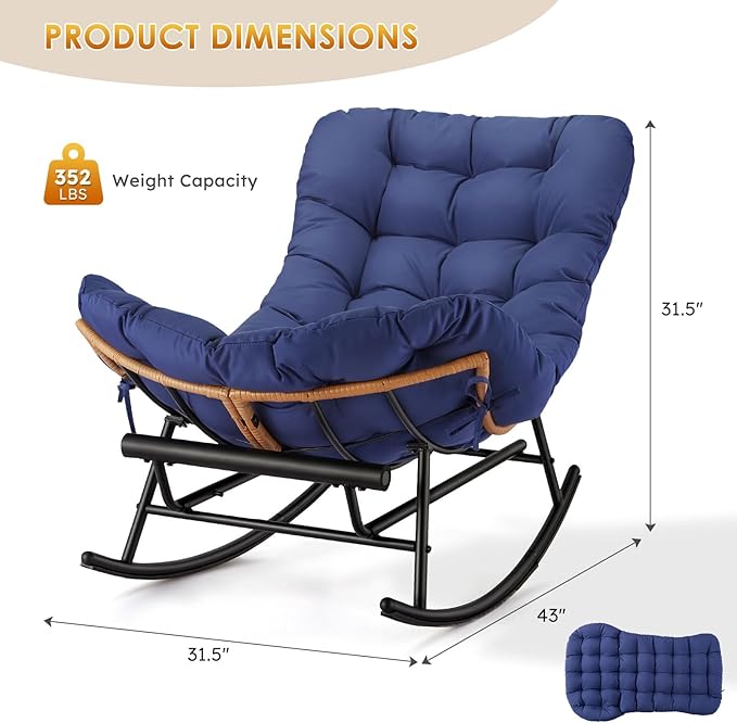 Jojoka Oversized Papasan Rocking Chair with Detachable Foot Rest, PE Rattan Rocker with Thick Removable Cushion, Metal Frame Lounge Chair for Indoor Outdoor Patio Garden Porch Living Room