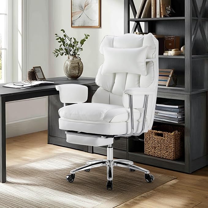 Sweetcrispy Executive Home Office Desk Chair - Ergonomic Big Tall High Back with Footrest & Lumbar Support, Reclining Height Adjustable, Comfy PU Leather Computer Gaming with Swivel Wheels, White