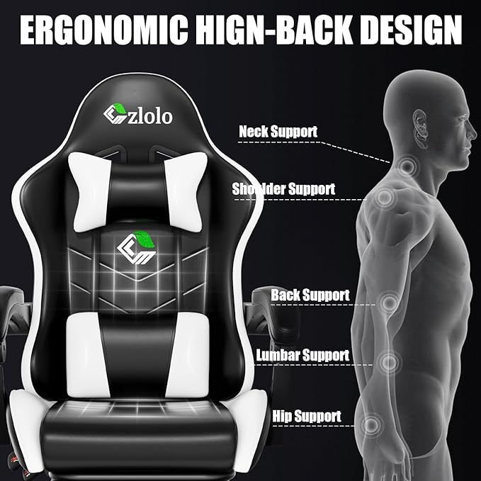 Czlolo Gaming Chair, Ergonomic Office Computer Chair with Footrest and Lumbar Support Massager Racing Style High Back Video Gamer Chair, Wide＆Thick Cushion, 90°-135° Recline, Adjustable Height, White