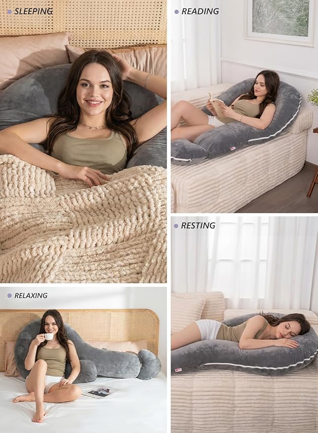 Meiz Question Mark Body Pillow for Adults & Couples, Full Body Support for Side Sleepers, Back & Pregnancy, with Detachable Heart Cushion, Soft Velvet Cover, Classical Grey