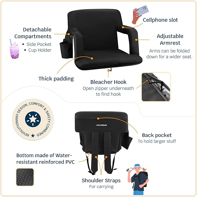 Alpcour Stadium Seats with Back Support for Bleachers – Wide Bleacher Chairs with Thick Padded Cushion, Armrests, Side Pockets, & Shoulder Straps – Best Portable Seat Chair for Sports Events