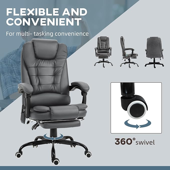 Vinsetto 7-Point Vibrating Massage Office Chair, High Back Computer Chair with Lumbar Support, Footrest, Reclining Back, Adjustable Height, Gray