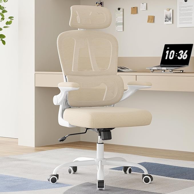 Breathable All-Mesh Ergonomic Chair with Headrest - High Back Desk Chair for Cool, Sweat-Free Work Sessions, Silent Casters Perfect for Bedroom Office (Khaki)