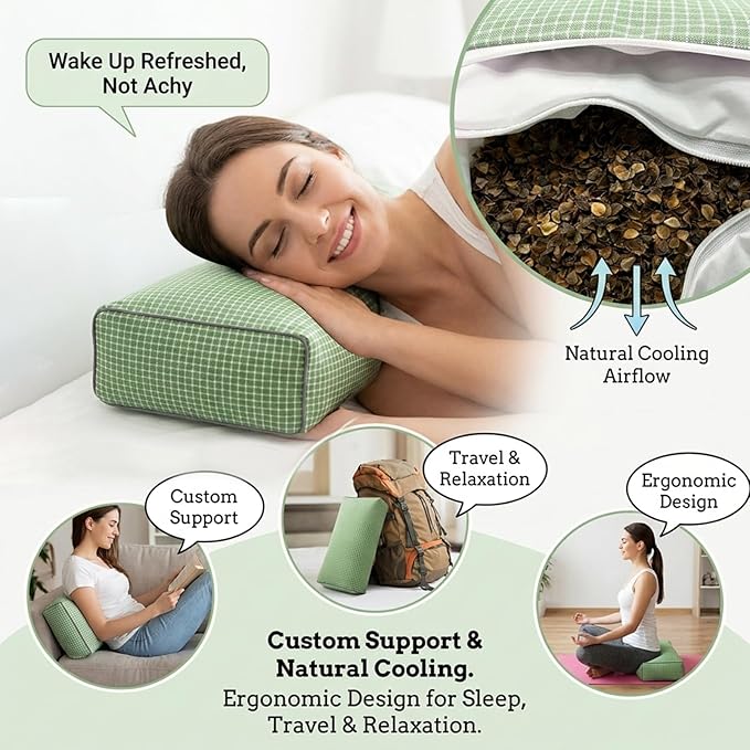 Adjustable Buckwheat Hull Pillow for Neck Pain Relief (21x8x4) Natural Cooling Cervical Support Camping Pillow for Side & Back Sleepers with Night Sweats (xiaoge Green)