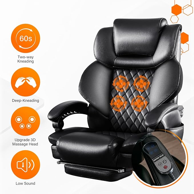 3D Kneading Massage Executive Office Chair for Big and Tall Users – Extra-Wide Ergonomic Seat with Lumbar Support, Reclining Desk Chair with Footrest, 500LBS Capacity for Home and Office