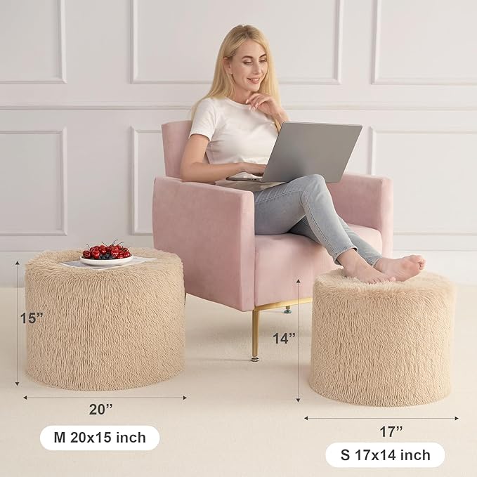 Hansleep Round Stuffed Pouf Ottoman 17 x 14, Foam Filled Faux Fur Ottoman Foot Rest for Chair with Washable Cover, Foot Stools Under Desk for Living Room & Bedroom, Brown