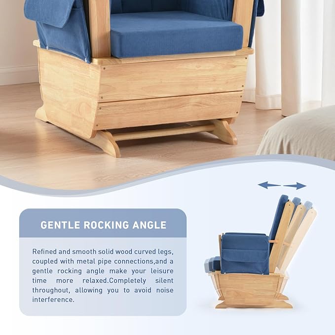 Modern Glider Rocker with Padded Cushion, Solid Wood Glider Gentle Rocking Chair, Soft Skin-Friendly Three Proof Fabric, Water Oil Resistant,Smooth Rocking Motion Indoor Living Room, Blue