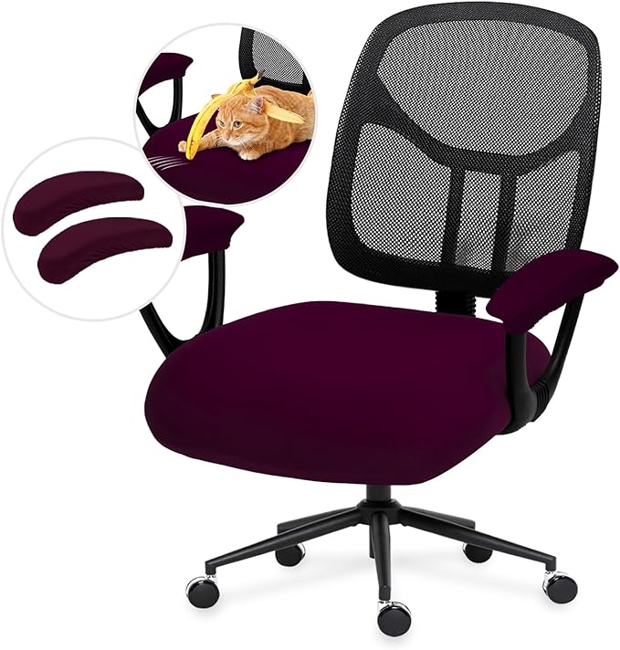 Stretchable Desk Office Chair Seat Cushion Covers with Armrest Covers - Universal Spandex Computer Chair Slipcover - Removable Washable Cushion Protectors for Dogs, Cats, Pets (Plum)
