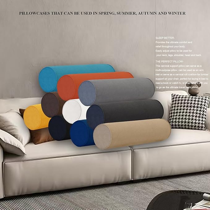 Cylinder Round Memory Foam Support Pillows Cervical Neck Roll Pillow with Pillowcase Soft, Comfortable and Breathable for Sleeping, Chair, Car, Sofa，Travel (Light Coffee, 18x6)