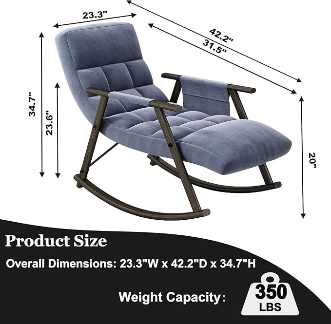 Folding Rocking Chair Nursery with Armrests, Upholstered Lounge Chair Indoor with Side Pocket, Adjustable High Back & Footrest, Glider Rocking Chair for Living Room, Bedroom, Balcony (Velvet, Blue)