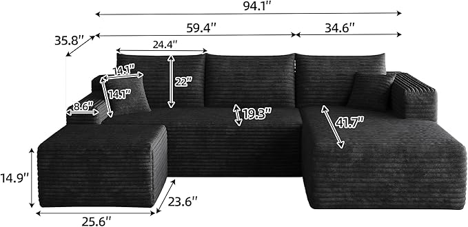94" Black Fluffy Couch with Ottoman for Living Room, Corduroy No Bones Sectional Couch,Compressed Memory Foam Cloud Sofa,No Assembly Required,Right Facing Chaise,Black
