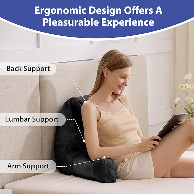 IASEAHK Reading Pillows for Sitting in Bed Adult, Back Pillow for Bed Sitting Up, Backrest Pillows with Shredded Foam for Adult&Teens, Support Pillow with Arms for Beds, Couch, Floor, 20in, Black