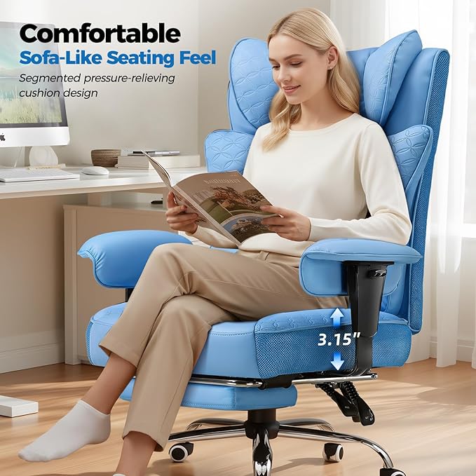 GTPLAYER Big and Tall Office Chair, Wide Ergonomic Gaming Chair with Deluxe Embossing Designed Leather with Foot Rest,150°Reclining Adjustable Soft Armrests Pocket Spring Back Support and Pillow