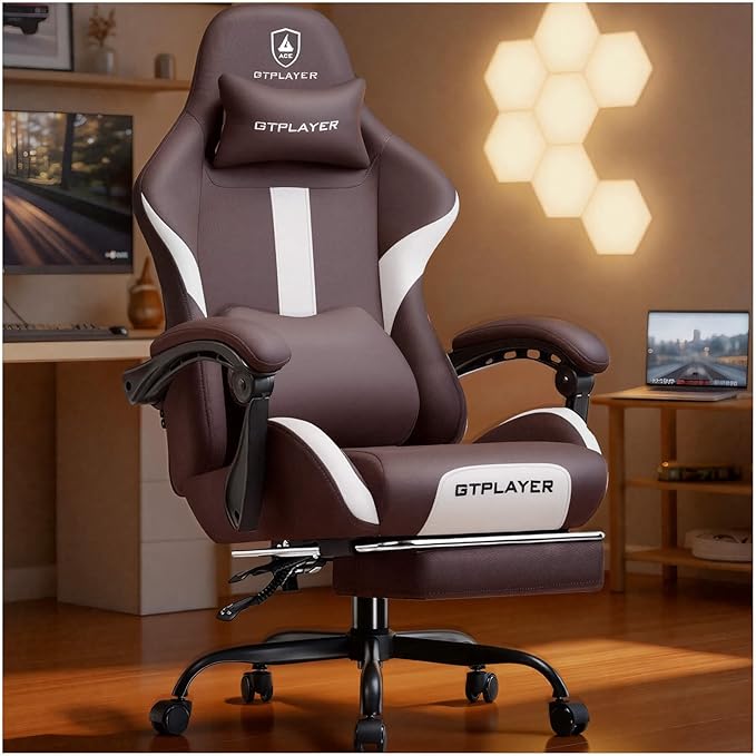 GTPLAYER Gaming Chair with Foot Rest & Pocket Spring Cushion, Ergonomic High Back Computer Desk Chair with Headrest & Lumbar Support for Back Pain Relief, Breathable Fabric, Brown