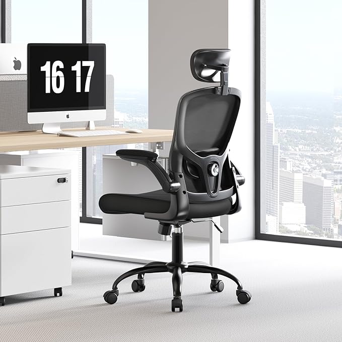 Adjustable Ergonomic Office Chair with Headrest and Lumbar Support, Mesh Back Computer Desk Chair, Flip-Up Armrest, 360° Swivel Rolling Chair for Home Office Study Gaming