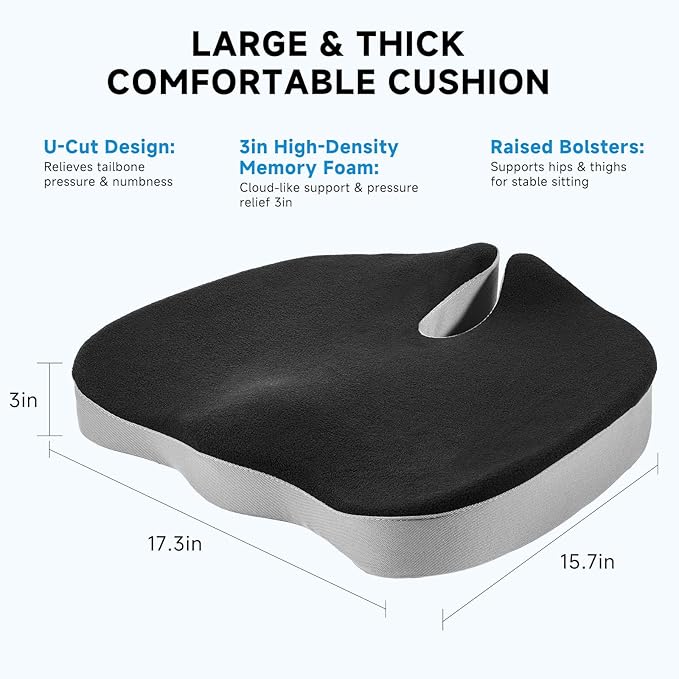 Seat Cushion for Office Chair, Ergonomic Memory Foam Office Chair Cushion with U-Shaped Coccyx Support, Non-Slip Base, Washable Cover