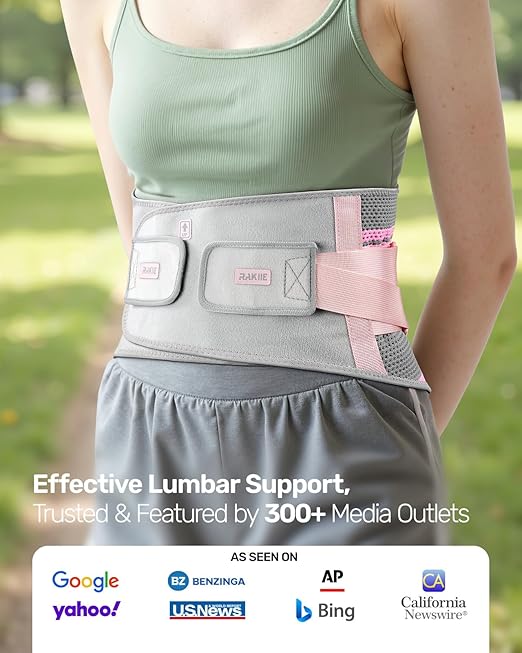 Rakiie Back Brace for Lower Back Pain Women with 9X Support System, Ergonomic Lumbar Support for Pain Relief, Breathable Mesh Design with 3D Silicone Pad for Sciatica, Pink Size XL (Waist: 39.4" – 47.6")