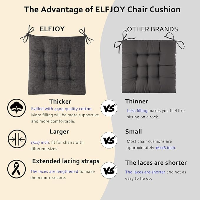 ELFJOY Rocking Chair Cushion Large Rocking Chair Pads with Ties Premium Linen High Back and Seat Cushion 2 Piece Set Linen Dark Grey