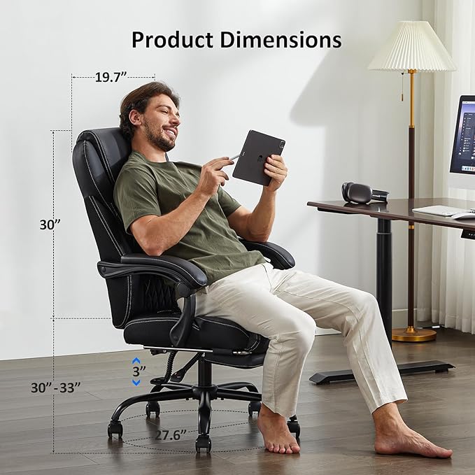 amseatec Office Chair, Big and Tall Office Chair with Foot Rest Ergonomic Chair for Home Desk, Reclining High Back Leather Chairs with Lumbar Support(Black)