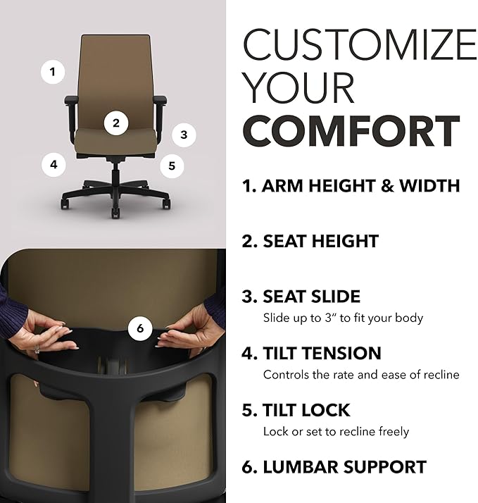 HON Ignition 2.0 Mid Back Task Chair, Spectrum Mesh, Advanced Synchro-Tilt Control, Office Chair with Lumbar Support, Height and Width Adjustable Arms, Black Frame, Quicksand