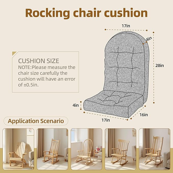 Rocking Chair Cushion - Lola Cotton-Linen Fabric, High-Density Sponge, Durable Comfort Non-Slip Bottom Tufted Seat Pads with Ties, Lola︱Ash Gray, 44x19x4 inch