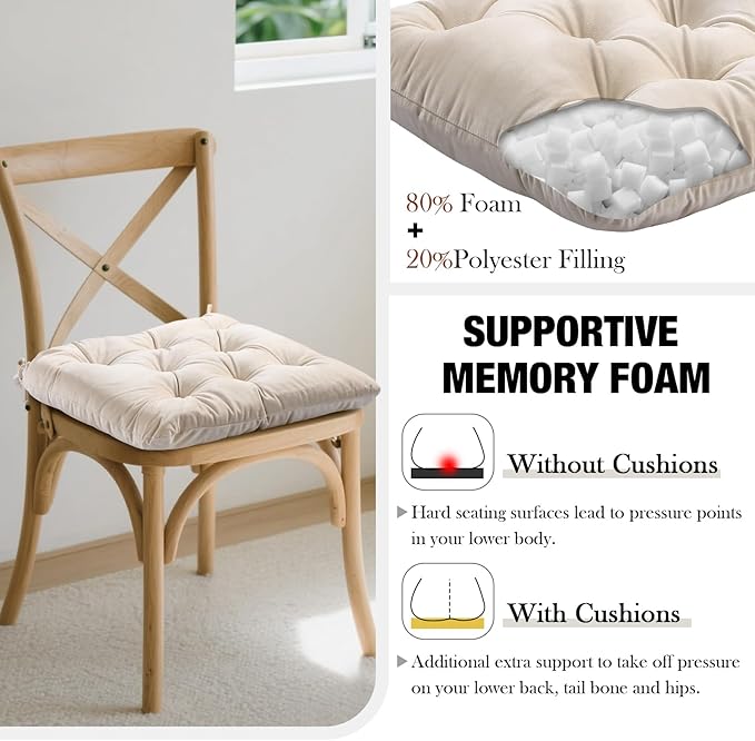 Nuanchu Memory Foam Chair Cushions Set of 4, Thick Indoor Seat Cushions for Dining Chairs Tufted Seat Pads for Kitchen, Dining Room, Office,(Ivory White,15.5"x15.5"x4")