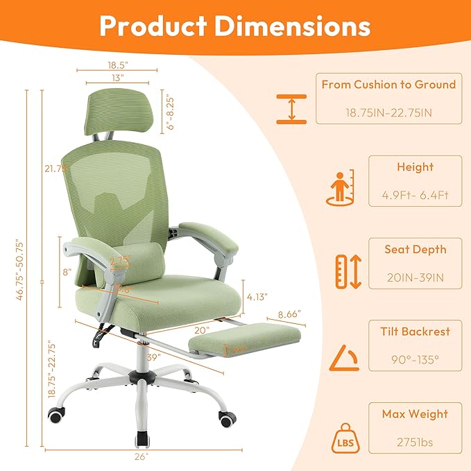 Home Office Desk Chair, Comfortable Mesh Computer Chair with Foot Rest, Reclining Gaming Chair with Headrest and Lumbar Support, 90°-130° Reclining, Green