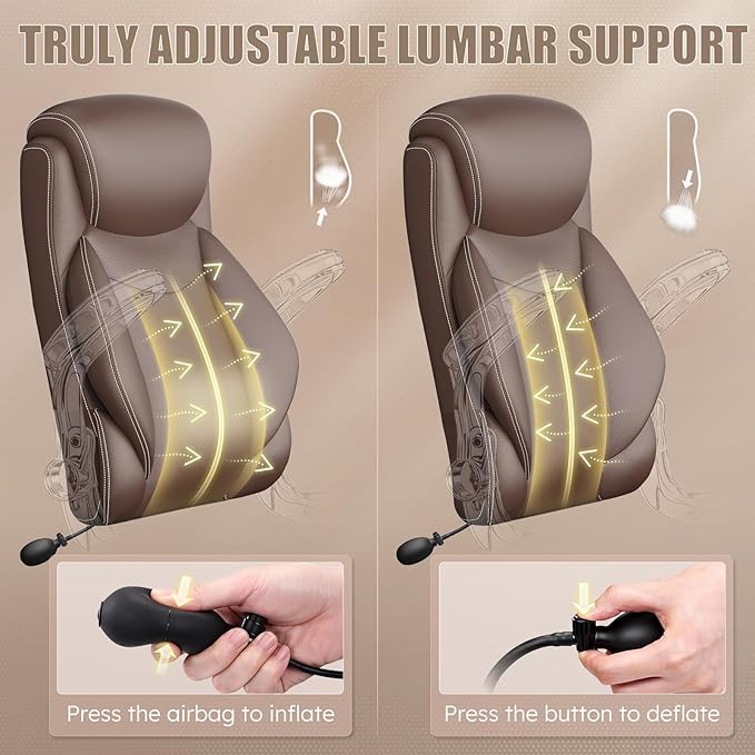 Ergonomic Office Chair, Home Desk Computer Chair, High Back Executive Chair，Padded Leather Ergonomic Computer Desk Chair with Inflatable Lumbar Support & Flip-Up Arms, Swivel Chair,Deepbrown