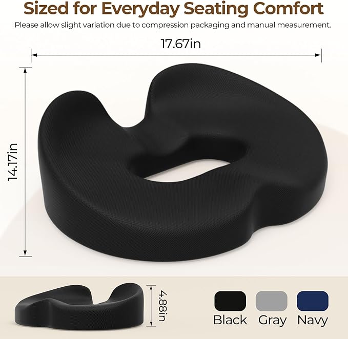 TushGuard Ergonomic Donut Pillow Seat Cushion with Raised Rear Support, Large Memory Foam Cushion for Tailbone, Hemorrhoids & Sciatica Relief, Office Chair, Car, Travel, Postpartum, Black