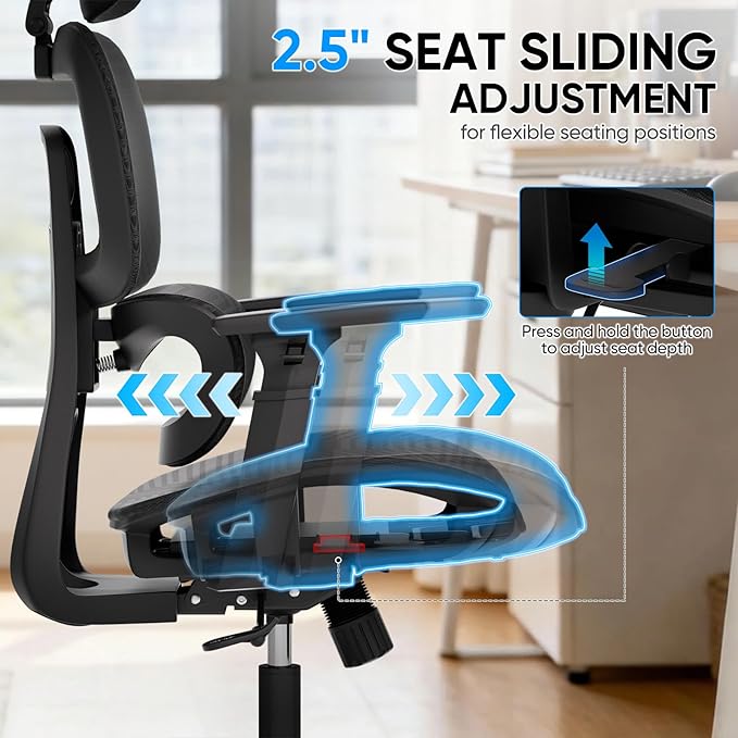 MoNiBloom Ergonomic Office Chair, High Back Mesh Desk Chair with Adjustable Headrest & 3D Armrests, Lumbar Support, 90–145° Recline, Height Adjustable Swivel Rolling Computer Chair for Office, Black