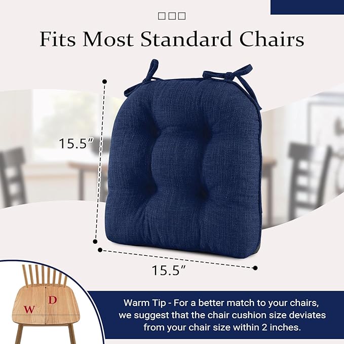 Wellsin Chair Cushions for Dining Chairs, Non-Slip Kitchen Chair Pads with Ties, Tufted Shredded Foam Kitchen Chair Cushions Set of 4, 15.5" X 15.5", Royal Blue