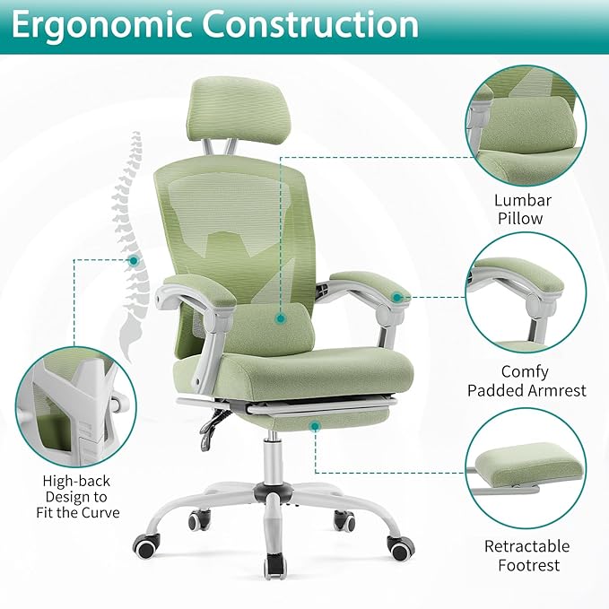 DUMOS Office Desk Chair with Footrest Ergonomic Gaming Chair for Adults Computer Mesh, Lumbar Support,Swivel Reclining with Headrest, Comfy Armrest for Home, Office, Work, Study, Light Green