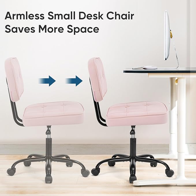 DUMOS Home Office Desk Chair - Ergonomic Armless PU Leather Computer Rolling Task Chair，with Comfy Lumbar Support and Height Adjustable, Vanity, Bedroom, Living Room, Pink