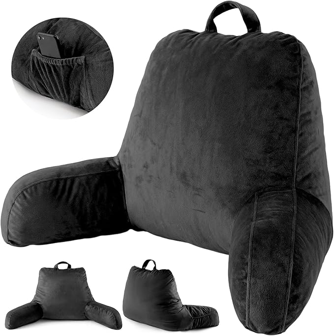 ACH Reading Pillow with Arms for Adults - Adjustable Memory Foam Bed Rest Pillow, Lumbar & Neck Back Support, Soft Velvet Cover Machine Washable, Deep Side Pocket & Carry Handle, Black