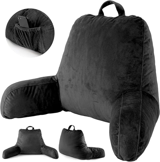ACH Reading Pillow with Arms for Adults - Adjustable Memory Foam Bed Rest Pillow, Lumbar & Neck Back Support, Soft Velvet Cover Machine Washable, Deep Side Pocket & Carry Handle, Black