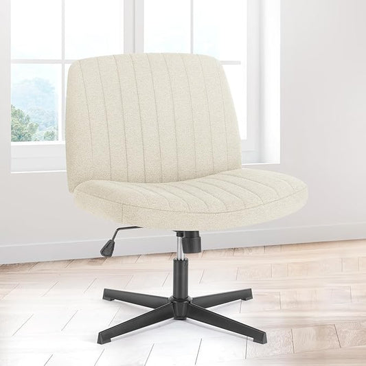 Sweetcrispy Criss Cross Chair Legged, PU Leather Armless Office Swivel Desk Chairs No Wheels, Vanity Height Adjustable Wide Seat Faux Leather Computer Task Chair for Home Bedroom, PU-Beige