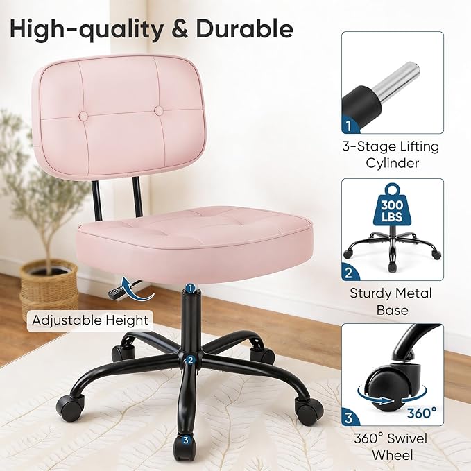 DUMOS Home Office Desk Chair - Ergonomic Armless PU Leather Computer Rolling Task Chair，with Comfy Lumbar Support and Height Adjustable, Vanity, Bedroom, Living Room, Pink