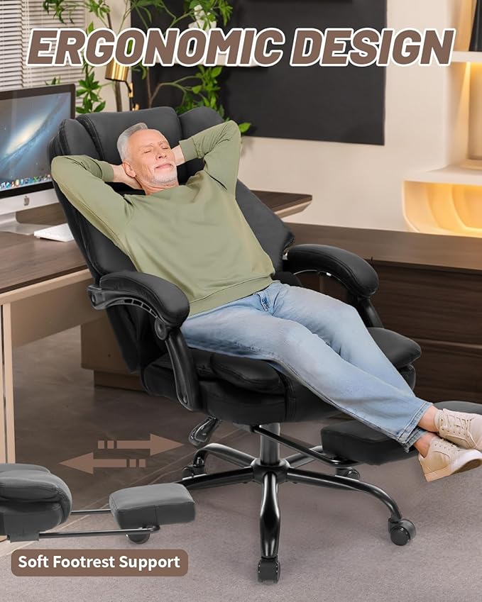 600lbs Office Chair with Footrest, Executive Chair with Padded Armrests, Reclining Desk Chair with Lumbar Support, High Back Leather Chair for Heavy People