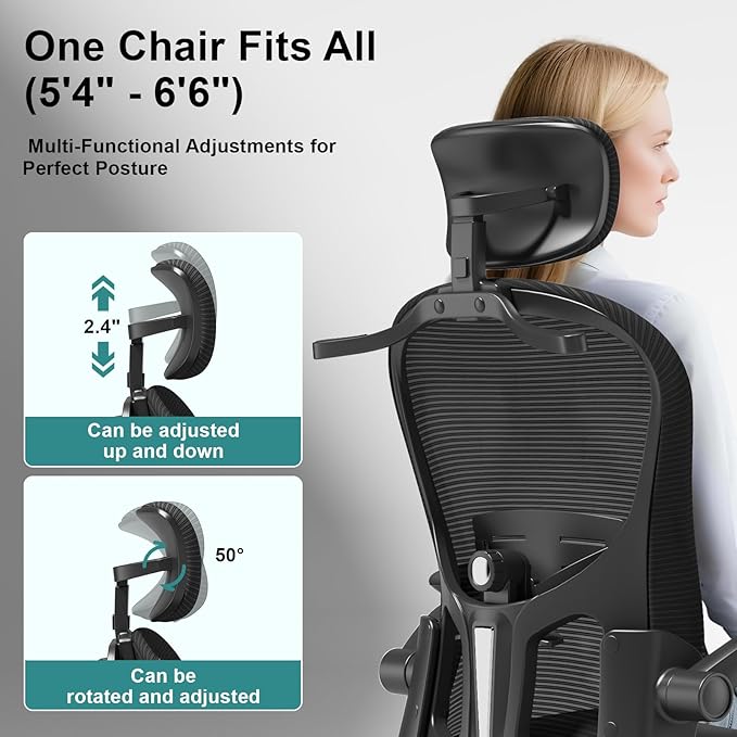 Ergonomic Office Chair with Headrest and Adjustable Lumbar Support, Mesh Back Computer Desk Chair, Flip-Up Armrest, 360° Swivel Rolling Chair for Home Office Study Gaming(Black)