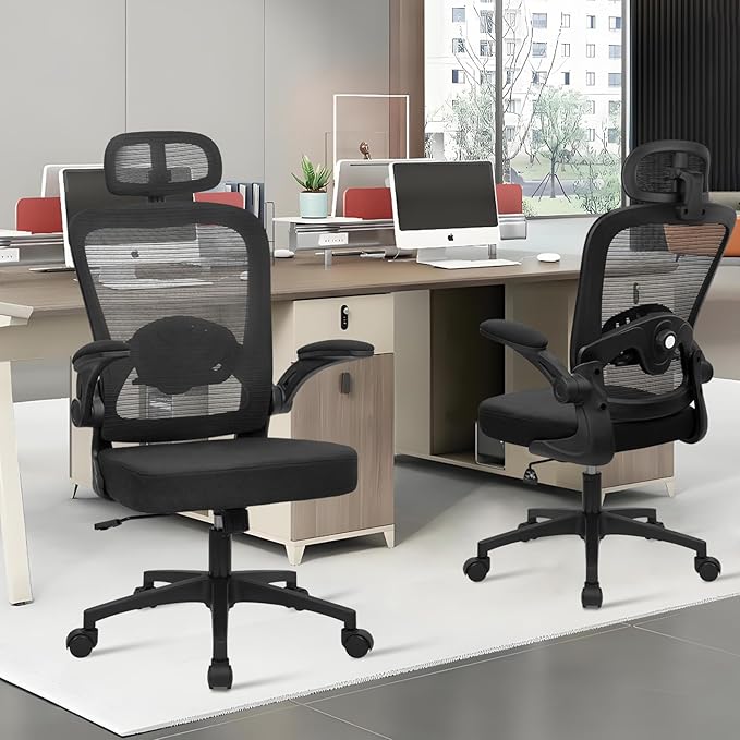 KLASIKA Desk Chairs with Wheels, Ergonomic Mesh Back Home Office Chair with Headrest, Adjustable Lumbar Support Swivel Rolling Computer Chairs Flip Up Arms for Conference Meeting Room, Black, 16PK