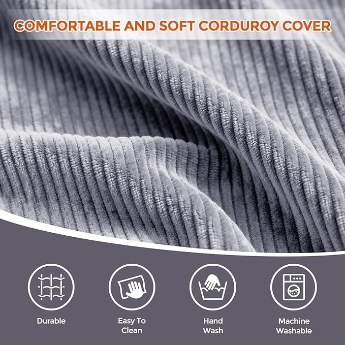 20" x 20" x 15" Pouf Ottoman Foot Rest, Pre-Stuffed Round Foot Stool with Odorless Shredded Memory Foam, Furry & Fluffy Corduroy Footrest for Living Room, Dark Grey