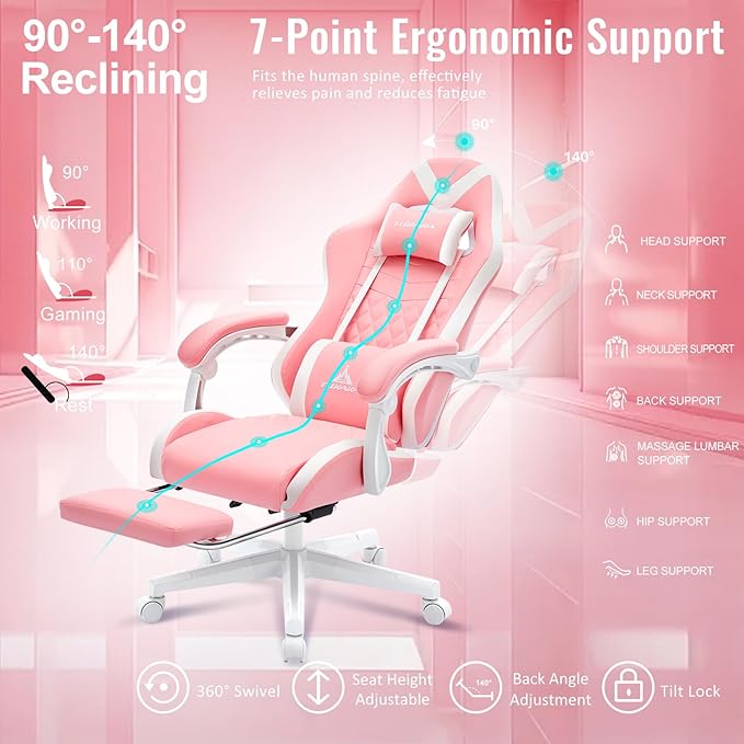 Pink Gaming Chair,Ergonomic Massage Computer Office Desk Chai r with Footrest,Pocket Spring Cushion,Reclining Leather Adjustable Gamer Chair with Headrest and Lumbar Support,Pink