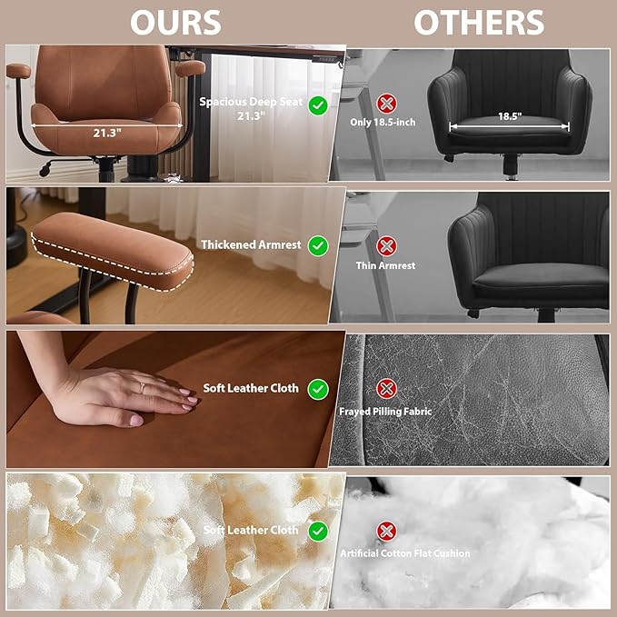 Office Chair, Ergonomic Computer Chair with Adjustable Headrest and Lumbar Support, Executive Leather Chair with Padded Arms, High Back Desk Chairs for Long Hours Sitting,Brown