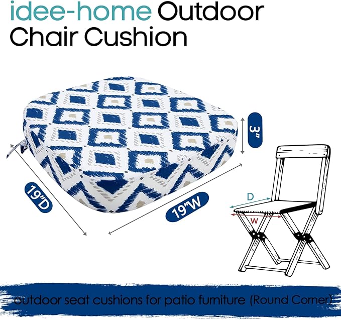 idee-home Outdoor Chair Cushions Set of 2, 19" x 19" x 3" Thick D-Shaped Patio Furniture Outdoor Seat Cushions Waterproof with Ties, Dining Pads