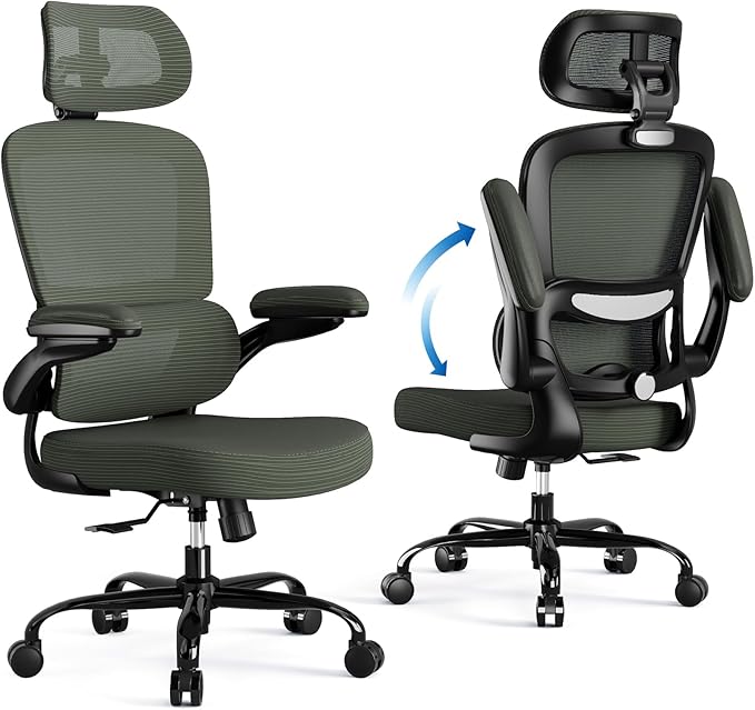 TRALT Ergonomic Office Chair - Desk Chair with Adjustable Headrest Lumbar Support Computer Chair - Mesh Comfy Chair with Flip-up Armrests - Gaming Chairs for Adults Home Office (Leather, Dark Green)