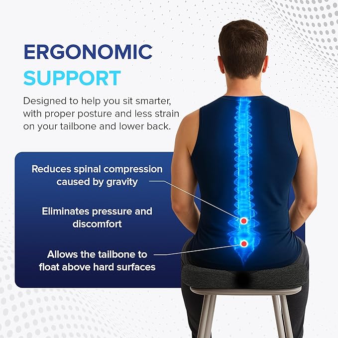 Memory Foam Seat Cushion for Chair, Tailbone Pain Relief, Ergonomic Support for Coccyx, Back & Butt, Office & Car Ergonomic Chair Cushion with Non-Slip Base and Washable Cover, Dark Gray