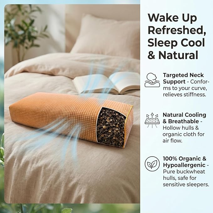 Adjustable Buckwheat Hull Pillow for Neck Pain Relief (21x8x4) Natural Cooling Cervical Support Camping Pillow for Side & Back Sleepers with Night Sweats (xiaoge Orange)