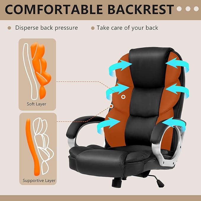 FDW Office Chair Computer High Back Adjustable Ergonomic Desk Chair Executive PU Leather Swivel Task Chair with Armrests Lumbar Support (Dark Black)