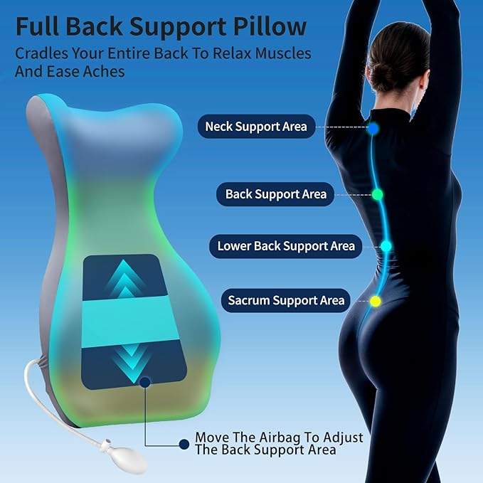 27.7'' Adjustable Inflatable High Lumbar Support Pillow for Office Chair, Full Back Support Pillow for Lower Back Pain Relief, Memory Foam Lumbar Cushion for Gaming Chair, Sofa, Improves Posture