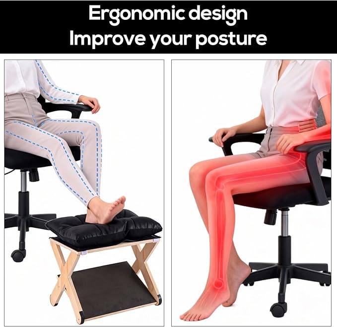 Foot Rest for Under Desk, Ergonomic Foot Stool Non-Slip Wooden Leg Rest Support with Comfortable Cushion for Office Desk at Work Home Use Enhances Posture